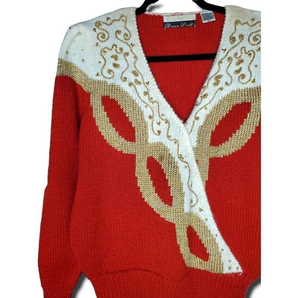Dana Scott Vintage Women's Sweater Red Gold White V-Neck Beaded Size L - Picture 3 of 5